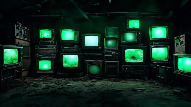 Zooming in on various old TVs with green screens, nostalgic technology