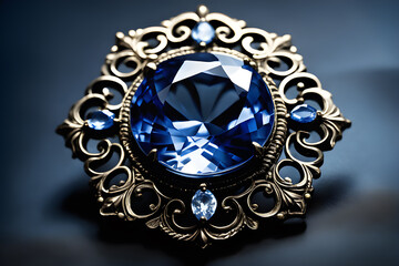 Vintage brooch with large light blue sapphire. Fine jewelry with a transparent stone - obrazy, fototapety, plakaty