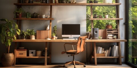 Modern Work Sanctuary: Home Office with Sleek Wooden Desk, Ergonomic Chair, and Wall-Mounted Shelves. Generative AI