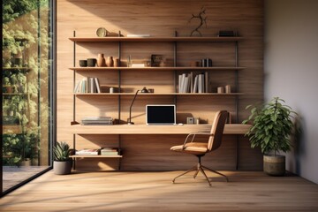 Fototapeta na wymiar Modern Work Sanctuary: Home Office with Sleek Wooden Desk, Ergonomic Chair, and Wall-Mounted Shelves. Generative AI