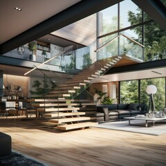Contemporary Elegance: Modern Wooden Staircase with Glass Railings in a Bright, Open-Plan Home. Generative AI