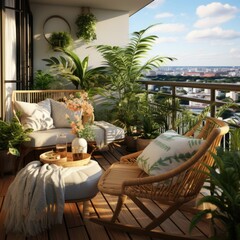 Obraz premium Outdoor Oasis: Balcony Furnished with Modern Wooden Furniture and Potted Plants. Generative AI