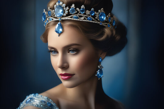 Young beautiful woman in vintage diadem with blue transparent stones and earrings. Exquisite jewelry with large blue sapphire