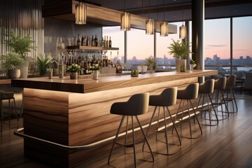 A sleek modern bar area with wooden countertops and bar stools. Generative AI