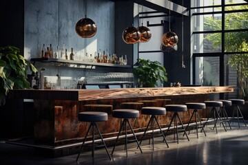 Fototapeta na wymiar Contemporary Bar Elegance: Sleek Modern Area with Wooden Countertops and Bar Stools. Generative AI