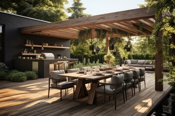 Fototapeta na wymiar Outdoor Dining Delight: Modern Wooden Pergola and Kitchen Creating a Relaxing Ambiance. Generative AI