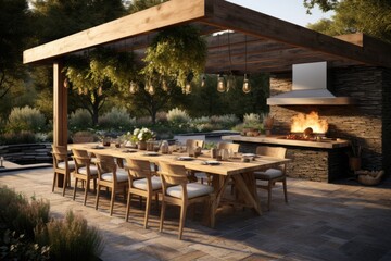 Obraz premium Patio Paradise: A Modern Wooden Pergola and Dining Space Transforming into an Outdoor Kitchen. Generative AI