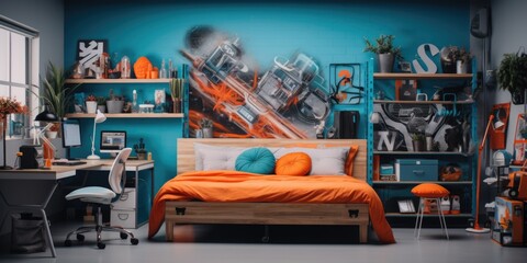 A modern teenager's room with wooden bed, desk, and skateboard rack. Generative AI