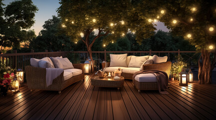 Summer evening on the patio of beautiful suburban house with lights in the garden garden, digital ai	 - obrazy, fototapety, plakaty