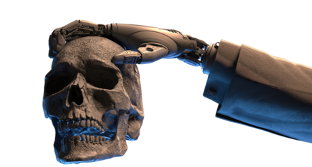 Robot against Human, Cybernetic arm in sleeve of business suit holding human skull. Evolution of Artificial intelligence concept. Machine learning evolving, transparent background