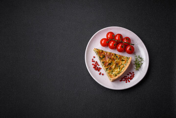 Delicious fresh quiche with broccoli, cheese, spices and herbs cut into pieces