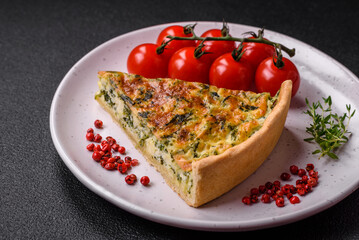 Delicious fresh quiche with broccoli, cheese, spices and herbs cut into pieces