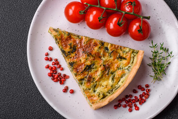 Delicious fresh quiche with broccoli, cheese, spices and herbs cut into pieces