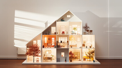 real estate banner, miniature model house on a wooden floor, showcasing modern architectural design, different atmosphere and place of life, global vision, apartment structure and decor, 3d design, AI