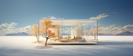 minimalist glass house with a stunning tree, surrealist dessert landscape, 3D concept art, architecture et nature, AI 