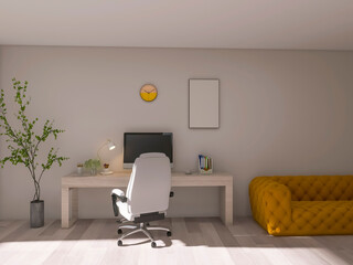 Work room with computer 3d render, 3d illustration