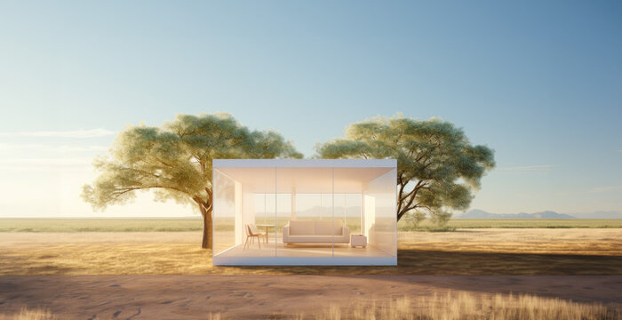minimalist modern house with a tree as a center point in a serene field, glass house, living room, panorama view, landscape, minimalist luxury: exceptional stays in clean and streamlined spaces, AI 