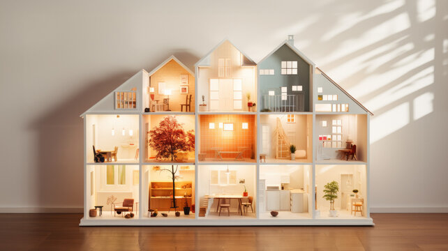 beautifully crafted model house on a wooden floor, showcasing architectural design, modern aesthetics, home interior, each room unique atmosphere, decor apartment, real estate banner, lifestyle, AI  