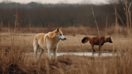 Fototapeta na wymiar Jindo dogs chasing korean deer in marsh lands, cinematic photography, professional color grading, long shot