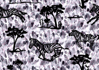 Abstract pattern with running zebras on the savannah painted