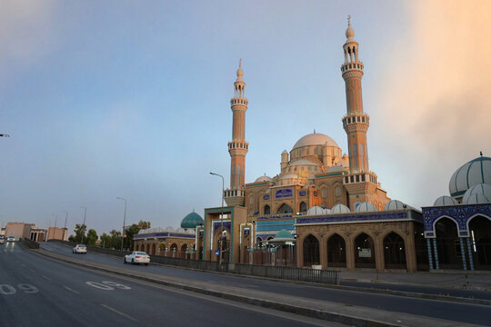 A beautiful mosque in the city of Erbil called Jalil Al-Khayyat. It has bright colors and many domes