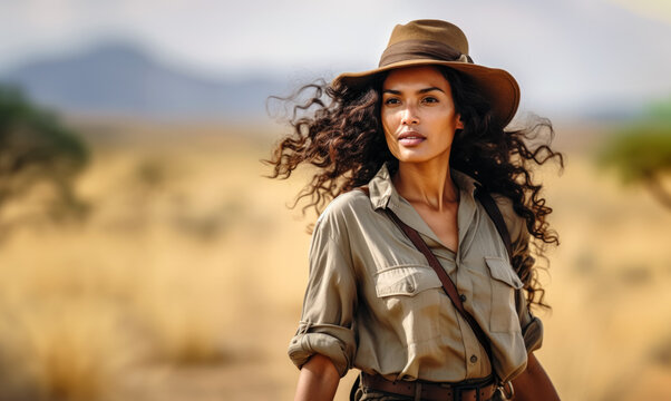 Woman wearing adventurer outfit and hat on African safari. Blurred savanna in background. Generative AI