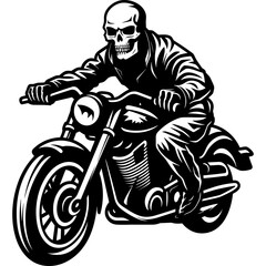 Skeleton riding a motorcycle black silhouette logo