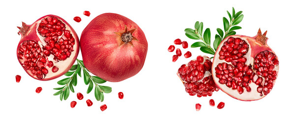 Pomegranate isolated on white background with  full depth of field. Top view. Flat lay
