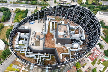 The ventilation system of the air conditioner on the roof of a skyscraper, aerial view of the roof of a skyscraper