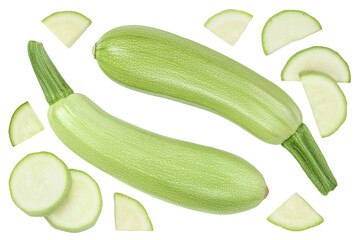 zucchini or marrow isolated on white background with  full depth of field. Top view. Flat lay - obrazy, fototapety, plakaty