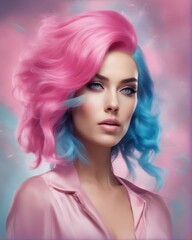 Prismatic Glam Model's Beauty with Pink and Sky Blue Hair on Watercolor, women day celebrate