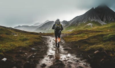 Fototapeta premium Man with a backpack runs in the mountains. Challenge, healthy life.