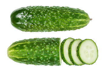 Sliced cucumber isolated on white background with  full depth of field, Top view. Flat lay