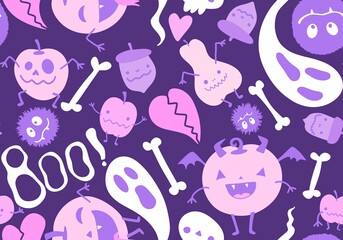 Halloween cartoon pumpkins seamless ghost and bones and skulls pattern for wrapping paper and fabrics