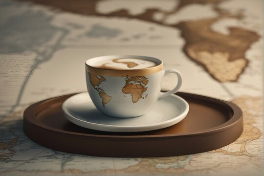 coffee cup with a world map on the backside, a Close up white coffee cup with a heart-shaped latte, and Espresso pouring from the coffee machine at a cafe