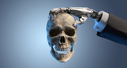 Detailed 3d render of Robot against Human, Cybernetic arm in sleeve of business suit holding human skull. Evolution of Artificial intelligence concept. Machine learning evolving