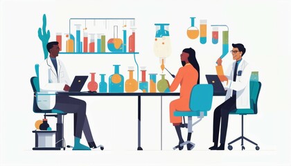 Minimalist illustration of diverse scientists working in a lab