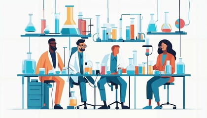 Minimalist illustration of diverse scientists working in a lab