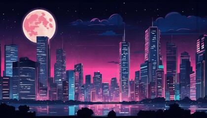 Anime style night cityscape with neon lights and a big moon in the sky, neo crisp and neon flat - obrazy, fototapety, plakaty