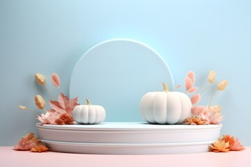 Autumn product podium with beautiful leaves and white pumpkins. Place for empty product space. Gentle colors. Business concept.