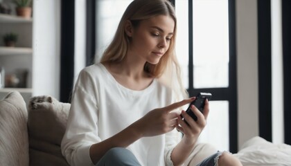 Young woman texting on smartphone at home. Connection, technology, apps, smartphone mock up, communication concept