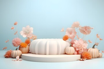 Autumn product podium with beautiful flowers and pumpkins. Place for empty product space. Gentle colors. Business concept.