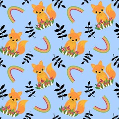 Autumn cartoon animals seamless fox and mushrooms fly agaric pattern for wrapping paper and fabrics and kids