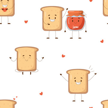 Cute childish pattern with a fun character of toast bread. Seamless pattern on a light white background for clothes, fabric, wallpapers, textiles and paper. Stock vector illustration.