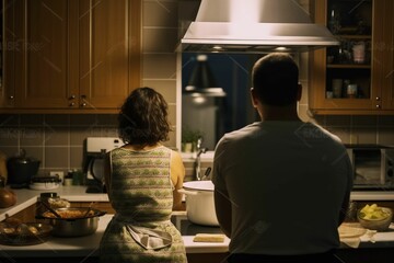 Beautiful young couple preparing a healthy meal together while spending free time at home. Secret...
