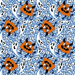 Fototapeta premium Halloween monsters seamless pumpkins and ghost and bones pattern for wrapping paper and fabrics and linens