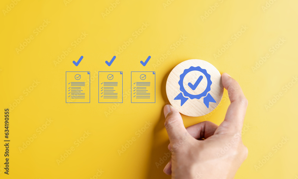 Aufkleber Quality Certificate and Checklist document analyst target marketing planning assignment with quality management. Standardization, certification. Compliance to regulations service and standards.