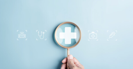 Health insurance concept. people magnifier holding plus and healthcare medical icon, health and access to welfare health concept. - obrazy, fototapety, plakaty