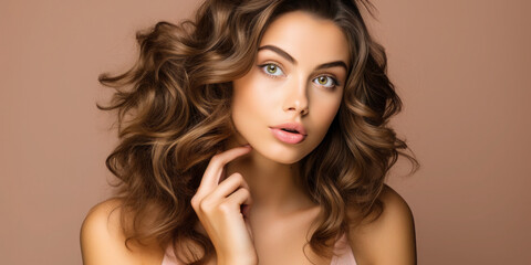 Naklejka premium A Pensive Girl in Pastel: A dreamy portrait of a young woman with wavy hair, lost in thought against a pastel background.