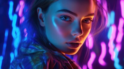 Beautiful female model with neon lights reflected on her face